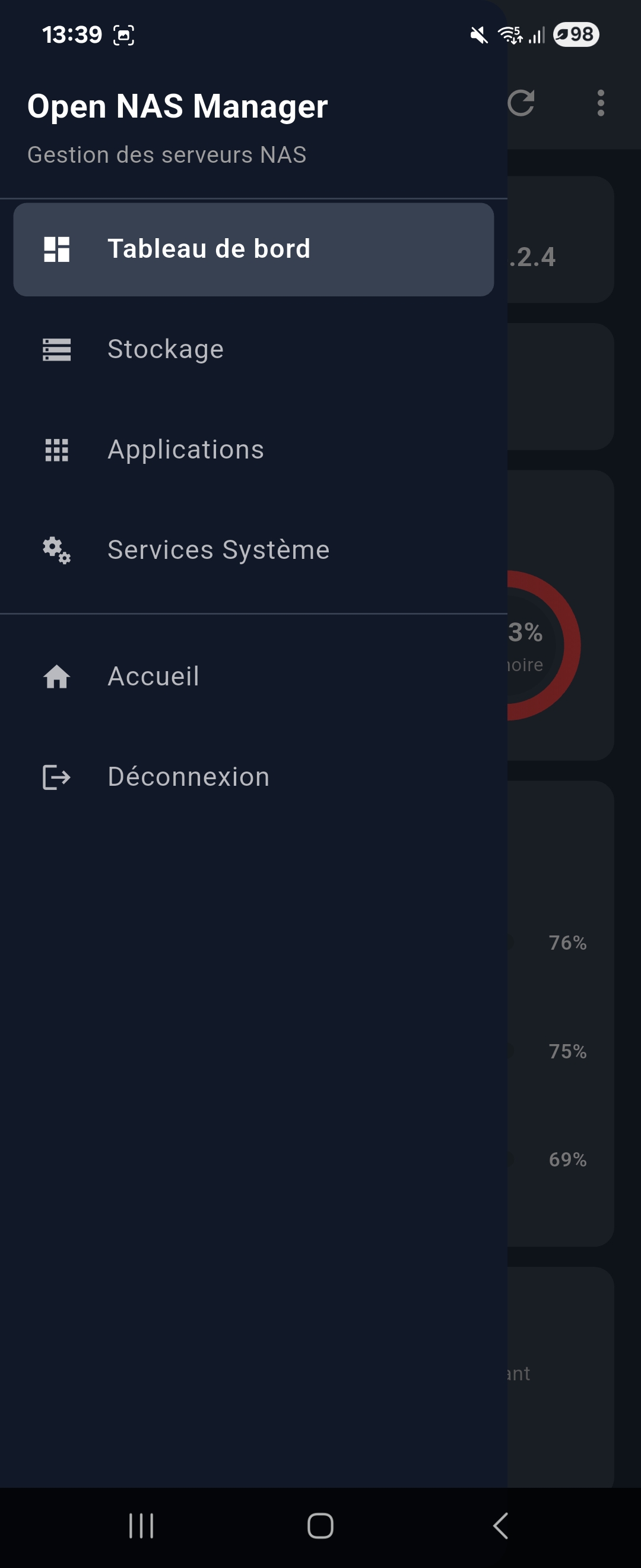Menu hamburger de l'application avec navigation